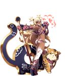  amanda_(sennen_sensou_aigis) animal_print ass awakening_(sennen_sensou_aigis) axe blonde_hair boots breasts cleavage dark_skin full_body gloves grin highres holding holding_axe huge_weapon large_breasts long_hair official_art one_eye_closed oversized_object paw_gloves paws red_eyes sennen_sensou_aigis smile tasaka_shinnosuke thigh_boots thighhighs tiger tiger_print transparent_background two_side_up very_long_hair weapon white_legwear 