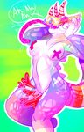  anthro breasts candychameleon chameleon facial_piercing female horn lizard nipple_tape nose_piercing nude pasties piercing reptile scalie smile solo tape tongue tongue_out 