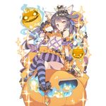  animal_ears black_hair blade_(galaxist) breasts candy cat_ears collar crossed_legs fire food frills gloves holding jack-o'-lantern kuro_magic lollipop official_art paw_gloves paws simple_background sitting small_breasts sparkle striped striped_legwear uchi_no_hime-sama_ga_ichiban_kawaii underboob white_background 