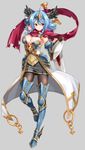  armor blue_footwear blue_hair boots braid breasts buckler cleavage concept_art crimson_rose_(epic7) epic7 full_body greaves highres holding holding_sword holding_weapon large_breasts official_art red_eyes red_scarf scarf shield solo standing standing_on_one_leg sword weapon 