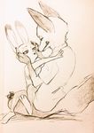  2016 anthro brown_and_white canine clothed clothing disney duo female fox holding_face judy_hopps lagomorph male mammal monmokamoko monochrome nick_wilde on_lap rabbit simple_background sitting sitting_on_lap sketch white_background zootopia 