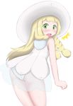  10s ass bangs bare_shoulders blonde_hair blush cowboy_shot from_behind hat long_hair looking_at_viewer looking_back nintendo open_mouth panties pantyshot pantyshot_(standing) pokemon pokemon_(game) pokemon_sm simple_background standing sun_hat swmkuma underwear white white_background white_dress white_panties yellow_eyes 