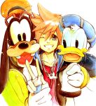  blue_eyes brown_hair commentary_request donald_duck gloves goofy graphite_(medium) jewelry kingdom_hearts kingdom_hearts_i multiple_boys necklace shinigami_a smile sora_(kingdom_hearts) traditional_media 
