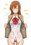  bdsm blazer bondage bound brown_hair commentary_request crotch_rope goriate jacket long_hair rope school_uniform see-through seitokai_yakuindomo shibari shibari_under_clothes shibarikini shichijou_aria skirt smug 