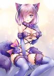  animal_ears bare_shoulders between_legs blue_legwear blush bow breasts claws costume dangerous_beast elbow_gloves eyebrows_visible_through_hair fate/grand_order fate_(series) fur_collar fur_trim glint gloves hair_between_eyes halloween_costume hand_between_legs lavender_hair looking_at_viewer mash_kyrielight medium_breasts navel o-ring o-ring_top parted_lips pink_bow plastic_moon purple_eyes sitting solo sparkle striped striped_bow tail thighhighs twitter_username wolf_ears wolf_tail 