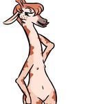  2016 anthro bedroom_eyes disney edy_(inkyfrog) fan_character female flat_chested giraffe green_eyes half-closed_eyes hand_behind_head horn inkyfrog lipstick looking_at_viewer makeup mammal navel nipples nude pussy seductive simple_background solo standing white_background zootopia 