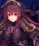  bangs blush bodysuit breasts close-up commentary fate/grand_order fate_(series) hair_between_eyes highres kujou_ichiso large_breasts long_hair looking_at_viewer purple_bodysuit purple_hair red_eyes scathach_(fate)_(all) scathach_(fate/grand_order) shoulder_pads smile solo upper_body veil 