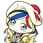  aka_shiba beret blonde_hair blue_eyes blue_hair breasts chibi cleavage commandant_teste_(kantai_collection) commentary_request hair_ornament hat jacket kantai_collection long_hair medium_breasts multicolored_hair pom_pom_(clothes) red_hair scarf smile solo streaked_hair white_hair 
