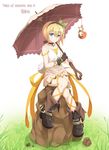  black_choker blonde_hair blue_eyes choker dress edna_(tales) full_body gloves hair_ribbon hairband kyuutou_(kyuutouryuu) leg_ribbon looking_at_viewer parasol ribbon short_hair side_ponytail single_glove solo tales_of_(series) tales_of_zestiria umbrella 