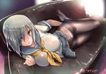  artist_name backlighting bangs black_legwear breasts commentary couch dated eyebrows_visible_through_hair eyes_visible_through_hair full_body hair_ornament hair_over_one_eye hairclip hamakaze_(kantai_collection) kantai_collection large_breasts looking_at_viewer lying neckerchief no_shoes on_couch on_side panties panties_under_pantyhose pantyhose pleated_skirt school_uniform serafuku short_hair signature silver_hair skirt skirt_lift solo thighband_pantyhose ugeppa underwear white_panties yellow_neckwear 