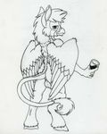  alcohol anthro avian backsack balls beak beverage black_and_white butt feathered_wings feathers glass hippogryph holding_object hooves line_art looking_at_viewer looking_back male monochrome naughty_face nude perineum petrock rear_view solo standing wine wings 