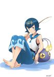  barefoot blue_eyes blue_hair blue_sailor_collar capri_pants chinchou feet fishing_rod gen_2_pokemon hairband kakiha_makoto one-piece_swimsuit pants pokemon pokemon_(creature) pokemon_(game) pokemon_sm sailor_collar shadow short_hair simple_background sitting sleeveless smile solo suiren_(pokemon) swimsuit swimsuit_under_clothes trial_captain white_background 