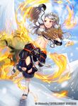  1girl breasts company_connection copyright_name day dual_wielding elbow_gloves eyelashes fan fire fire_emblem fire_emblem_cipher fire_emblem_if gloves grey_hair hair_ornament hair_stick holding japanese_clothes long_hair looking_back matsurika_youko medium_breasts midriff navel official_art orochi_(fire_emblem_if) red_eyes sandals sky snow 