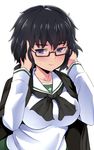  black_hair breasts eyebrows_visible_through_hair girls_und_panzer glasses jacket kuku123 large_breasts ooarai_school_uniform oryou_(girls_und_panzer) school_uniform semi-rimless_eyewear simple_background solo sweatdrop under-rim_eyewear white_background 