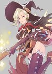  blonde_hair book boots earrings elbow_gloves gloves halloween halloween_costume jack-o'-lantern jack-o'-lantern_earrings jewelry looking_at_viewer matsuda_(matsukichi) mechanical_wings mercy_(overwatch) one_eye_closed overwatch simple_background sketch solo thigh_boots thighhighs white_background wings witch_mercy 