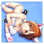  akiyama_yukari animal_ears bell bell_choker blue_background blush bra breasts cat_cutout cat_ear_panties cat_ears cat_lingerie choker cleavage cleavage_cutout clothes_theft girls_und_panzer gloves jingle_bell kemonomimi_mode kyon_(fuuran) looking_at_viewer lying medium_breasts meme_attire navel nishizumi_maho nishizumi_miho object_on_head on_side panties panties_on_head paw_gloves paws side-tie_panties silhouette_demon simple_background smile solo theft thighhighs underwear underwear_only underwear_theft white_bra white_legwear white_panties 
