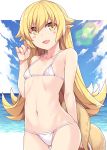  1girl :d bangs bare_shoulders beach bikini blonde_hair blush_stickers collarbone fang flat_chest gluteal_fold hasu_(hk_works) hat hat_removed headwear_removed long_hair looking_at_viewer monogatari_(series) navel ocean open_mouth oshino_shinobu smile solo straw_hat swimsuit white_bikini yellow_eyes 