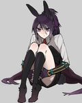  animal_ears bad_id bad_pixiv_id black_legwear bunny_ears bunny_tail bunnyboy fudou_yukimitsu kneehighs male_focus necktie ponytail purple_eyes purple_hair shorts sitting solo tail tobacco_(tabakokobata) touken_ranbu 