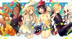  2girls alolan_form alolan_raichu asymmetrical_hair black_hair blonde_hair blush braid brother_and_sister copyright_name cosmog dark_skin dress gen_7_pokemon gladio_(pokemon) green_eyes green_hair hair_over_one_eye hat hau_(pokemon) hood hoodie lillie_(pokemon) long_hair malasada mizuki_(pokemon) multiple_boys multiple_girls open_mouth poke_ball pokemon pokemon_(creature) pokemon_(game) pokemon_sm rowlet short_hair siblings silvally sleeveless sun_hat twin_braids white_dress yunohito 