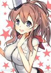  blue_eyes breast_pocket breasts brown_hair dress highres kantai_collection large_breasts long_hair looking_at_viewer naitou_ryuu neckerchief open_mouth pocket red_neckwear saratoga_(kantai_collection) side_ponytail smile solo star star-shaped_pupils symbol-shaped_pupils white_dress 
