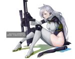  1girl animal_ears blue_eyes braid breasts commentary commentary_request disembodied_limb earpiece girls_frontline gun high_heels injury jacket knee_pads ksvk_(girls_frontline) ksvk_12.7 large_breasts legs long_hair looking_at_viewer magazine_(weapon) mechanical_arm pandea_work rifle scope smile translation_request weapon 