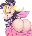  1girl absurdres artist_request ass bare_shoulders bending_forward blonde_hair blush blush_stickers breasts cameltoe come_hither dark_magician_girl duel_monster from_behind gloves heart helmet highres huge_ass large_breasts leotard long_hair looking_at_viewer miniskirt pink_skirt purple_eyes shiny shiny_clothes shiny_hair shiny_skin skirt skirt_pull smile solo thong thong_leotard very_long_hair yu-gi-oh! 