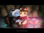 aleriy blue_skin brown_fur chest_tuft clothing english_text eyes_closed fur hair kissing league_of_legends outside romantic_couple sitting teemo_(lol) text tristana_(lol) tuft video_games water white_hair 