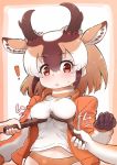  ! 1girl animal_ear_fluff animal_ears arm_at_side breast_lift breasts brown_eyes brown_hair buruma commentary_request erect_nipples extra_ears eyebrows_visible_through_hair gloves hair_between_eyes hand_up holding horizontal_pupils horns jacket kemono_friends light_brown_hair long_sleeves medium_breasts medium_hair midriff_peek multicolored_hair navel open_clothes open_jacket parted_lips pervert pronghorn_(kemono_friends) shirt sidelocks solo_focus stomach tanaka_kusao track_jacket turtleneck upper_body white_hair 