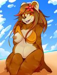  2016 anthro areola beach bear belly big_breasts breasts brown_eyes brown_fur brown_hair brown_nipples clothed clothing cloud coillte exposed_breasts female flower flower_in_hair fur hair hi_res long_hair looking_at_viewer mammal navel nipple_bulge nipples one_breast_out open_mouth open_smile outside plant sand seaside sitting sky slightly_chubby smile solo teasing teeth tongue 