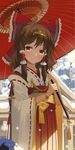  adapted_costume ahoge architecture bangle bangs bell blurry blush bow bracelet brown_eyes brown_hair closed_mouth cowboy_shot day depth_of_field east_asian_architecture eyelashes flat_chest floral_print frilled_bow frills gold hair_bow hair_ornament hair_tubes hakama hakurei_reimu head_tilt holding holding_umbrella japanese_clothes jewelry jingle_bell long_sleeves looking_at_viewer mr_cloud oriental_umbrella outdoors over_shoulder red_bow red_hakama red_ribbon red_umbrella ribbon ribbon-trimmed_sleeves ribbon_trim rock rope shade sidelocks smile snow snowing solo standing tassel touhou tree umbrella wide_sleeves winter yellow_bow 