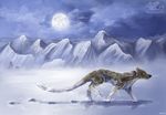  ambiguous_gender black_nose brown_fur canine detailed_background feral fur grey_fur mammal moon neytirix night outside sky snow solo standing teeth yellow_eyes 