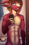  2016 anthro bathroom bathtub biped blaze_(marking) brown_hair caprine cellphone countershade_torso countershading detailed_background digital_media_(artwork) door elijah_(alvasia) fingerless_(marking) freckles front_view fur goat green_eyes hair half-length_portrait holding_object holding_phone horn inside lockworkorange looking_at_viewer male mammal multicolored_fur multicolored_horn multicolored_tail navel nude phone pink_fur pink_horn pink_tail pointy_ears portrait selfie smile solo space_goat spots spotted_fur standing tan_countershading tan_fur tan_tail teeth two_tone_horn white_fur white_horn white_spots white_tail 