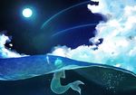  ahoge aqua_hair bad_id bad_pixiv_id cloud from_behind full_moon mermaid monster_girl moon night nude original outdoors partially_submerged reaching_out shooting_star short_hair sky solo star_(sky) starry_sky tatsumi412 underwater waves 