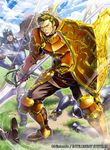  armor armored_boots boots brown_hair cloud company_name copyright_name day faceless faceless_male field fire_emblem fire_emblem:_rekka_no_ken fire_emblem_cipher gloves grass helmet looking_at_viewer male_focus multiple_boys official_art oswin_(fire_emblem) polearm shield sky spear teeth weapon yoneko_okome99 