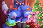  2018 alien angel_(lilo_&amp;_stitch) anthro areola avian beak big_breasts bird black_feathers breasts busty_bird christmas christmas_tree cleavage clothed clothing cookie corvid crossgender crow disney experiment_(species) feathers female food glass group hi_res holding_food holding_glass holding_object holidays huge_breasts hyper hyper_breasts inside jaeh lactating legwear lilo_and_stitch milk nipples non-mammal_breasts one_eye_closed open_beak open_mouth red_eyes stitch tree yellow_beak 