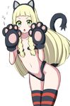  absurdres alternate_costume animal_ears bangs black_panties blonde_hair blunt_bangs blush_stickers braid cat_ears cat_paws cat_tail cosplay cowboy_shot fake_animal_ears fake_tail flat_chest flying_sweatdrops gen_7_pokemon gloves green_eyes highres lillie_(pokemon) litten litten_(cosplay) long_hair looking_at_viewer navel open_mouth panties paw_gloves paw_pose paws pokemon pokemon_(game) pokemon_sm solo striped striped_legwear tail thighhighs twin_braids ultrayoru underwear white_background 