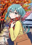  alternate_costume aqua_hair autumn autumn_leaves azu_(azusayumix) bag blush building closed_mouth contemporary day enpera eyelashes green_eyes hair_ornament hairclip handbag jacket kantai_collection long_hair long_sleeves looking_at_viewer multicolored multicolored_clothes multicolored_scarf outdoors road rooftop scarf smile solo striped striped_scarf suzuya_(kantai_collection) tile_roof tree yellow_jacket 