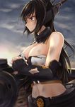  aira_(qwedcxza49) bare_shoulders black_gloves black_hair breasts cleavage cloud cloudy_sky collar crop_top damaged dirty elbow_gloves fingerless_gloves fist_in_hand gloves headgear highres kantai_collection large_breasts leaning_on_object long_hair nagato_(kantai_collection) navel red_eyes sky smirk solo torn_clothes upper_body 
