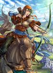  arrow bandana bow_(weapon) cloud company_name copyright_name day drawing_bow earrings fingerless_gloves fire_emblem fire_emblem:_rekka_no_ken fire_emblem_cipher gloves grass green_hair holding holding_arrow holding_bow_(weapon) holding_weapon horse horseback_riding jewelry male_focus official_art open_mouth quiver rath riding sky solo takaya_tomohide teeth weapon 
