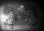  adam_bryce_thomas avian bird cave chicken clenched_teeth female glowing glowing_eyes greyscale looking_away mammal marsupial monochrome monster multi_arm multi_limb opossum poppy_opossum poppy_opossum_(character) scared signature size_difference slightly_chubby staff teeth walking 