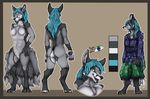  2016 aleu_moonshadow anthro black_fur blue_hair breasts butt canine claws clothed clothing ennismore fur grey_fur hair long_hair mammal nude pawpads smile solo toe_claws white_fur 