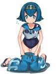  blue_eyes blue_hair hairband kei_(soundcross) one-piece_swimsuit pokemon pokemon_(game) pokemon_sm sandals school_swimsuit see-through short_hair simple_background solo suiren_(pokemon) swimsuit swimsuit_under_clothes trial_captain wet wet_clothes white_background 