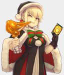  artoria_pendragon_(all) bangs black_santa_costume blonde_hair blush cape chicken_leg christmas cosplay dark_persona eating fate/grand_order fate_(series) fur_trim gloves hat looking_at_viewer michihasu saber_alter santa_alter santa_alter_(cosplay) santa_costume santa_hat single_glove yellow_eyes 