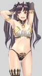  armlet armpits arms_up bare_shoulders black_hair crown earrings fate/grand_order fate_(series) hair_ribbon hoop_earrings ishtar_(fate/grand_order) jewelry long_hair michihasu neck_ring open_mouth red_eyes ribbon shiny shiny_hair smile solo standing two_side_up 