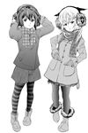 ankle_boots bangs boots coat full_body girls_und_panzer greyscale halftone hands_in_pockets hands_on_own_head headphones highres itsumi_erika jacket light_smile long_hair long_sleeves looking_at_viewer mittens monochrome multiple_girls nishizumi_maho pantyhose parted_lips pleated_skirt scarf short_hair shorts skirt standing striped striped_legwear winter_clothes younger yoyokkun 