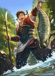  brown_hair closed_eyes company_name day fire_emblem fire_emblem_cipher fire_emblem_if fish headband makai_no_juumin male_focus naginata official_art open_mouth polearm rock shinonome_(fire_emblem_if) sky solo teeth tree water weapon 