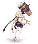  ahoge bangs bell blonde_hair commentary green_eyes hammer holding holding_weapon japanese_clothes jingle_bell original poco_(asahi_age) rope shimenawa simple_background solo stamp thighhighs twintails weapon white_background white_legwear 