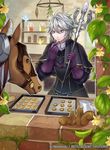 biscuit bottle bug butterfly company_name deere_(fire_emblem_if) eating fire_emblem fire_emblem_cipher fire_emblem_if flower food gloves grey_hair horse insect leaf male_focus matsurika_youko official_art solo squirrel staff window 