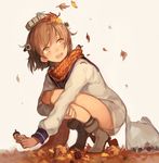  :d acorn autumn autumn_leaves bag brown_eyes brown_hair commentary_request dress grey_background headgear high_heels kantai_collection leaf leaf_on_head long_sleeves open_mouth plastic_bag puffy_long_sleeves puffy_sleeves rom_(romshiro) sailor_collar sailor_dress scarf short_hair smile solo squatting strobile white_dress yukikaze_(kantai_collection) 