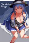  absurdres bare_shoulders black_bra blue_hair blush bra breasts cleavage collarbone food fruit hat highres hinanawi_tenshi lace lace-trimmed_bra large_breasts leaf long_hair looking_at_viewer neropaso off_shoulder peach red_eyes skirt smile solo touhou unbuttoned underwear work_in_progress 
